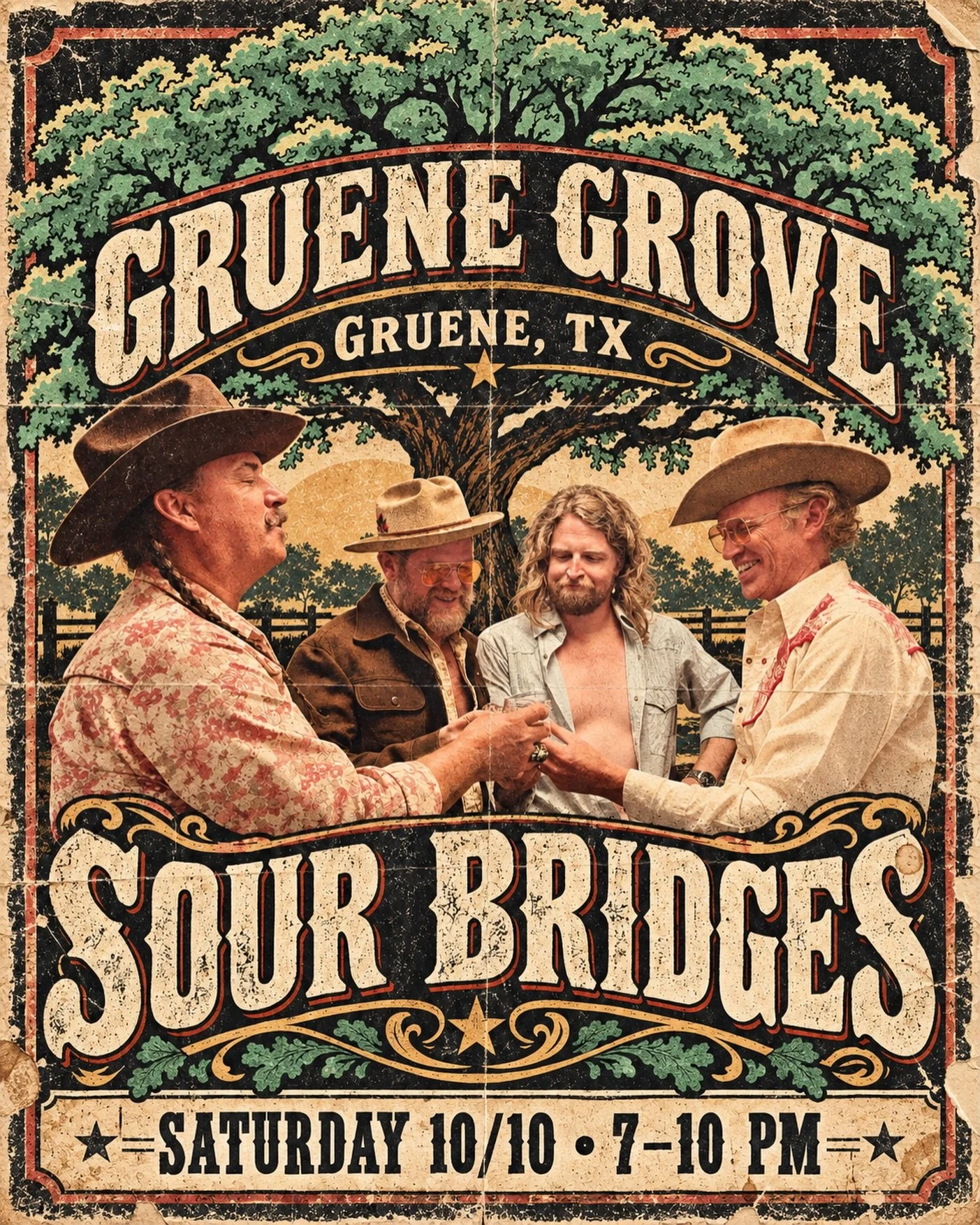 Come on down to Gruene, TX this Saturday.
 Let Sour Bridges whisk you away into the night.
7-10pm, we&rsquo;ll meet you there!
