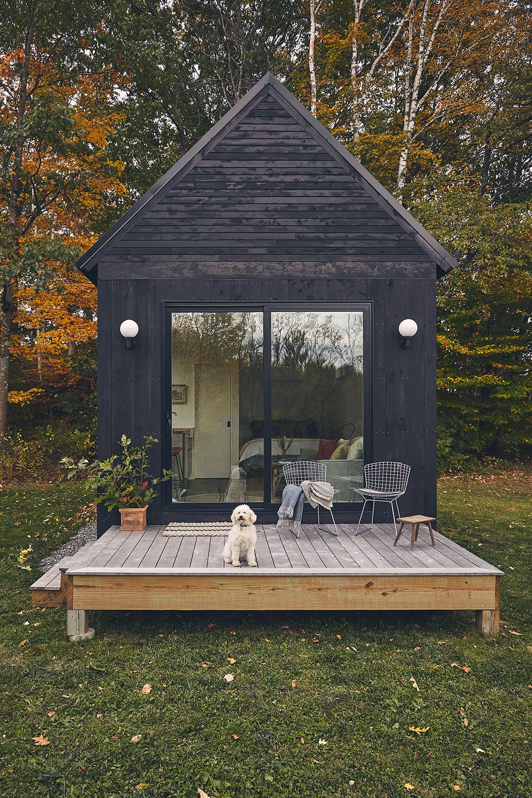 Small black wooden house with large glass sliding door, two round outdoor wall lights, a wooden deck with a potted plant, two chairs, a stool, and a small white dog sitting on the deck. Fall trees in the background.
