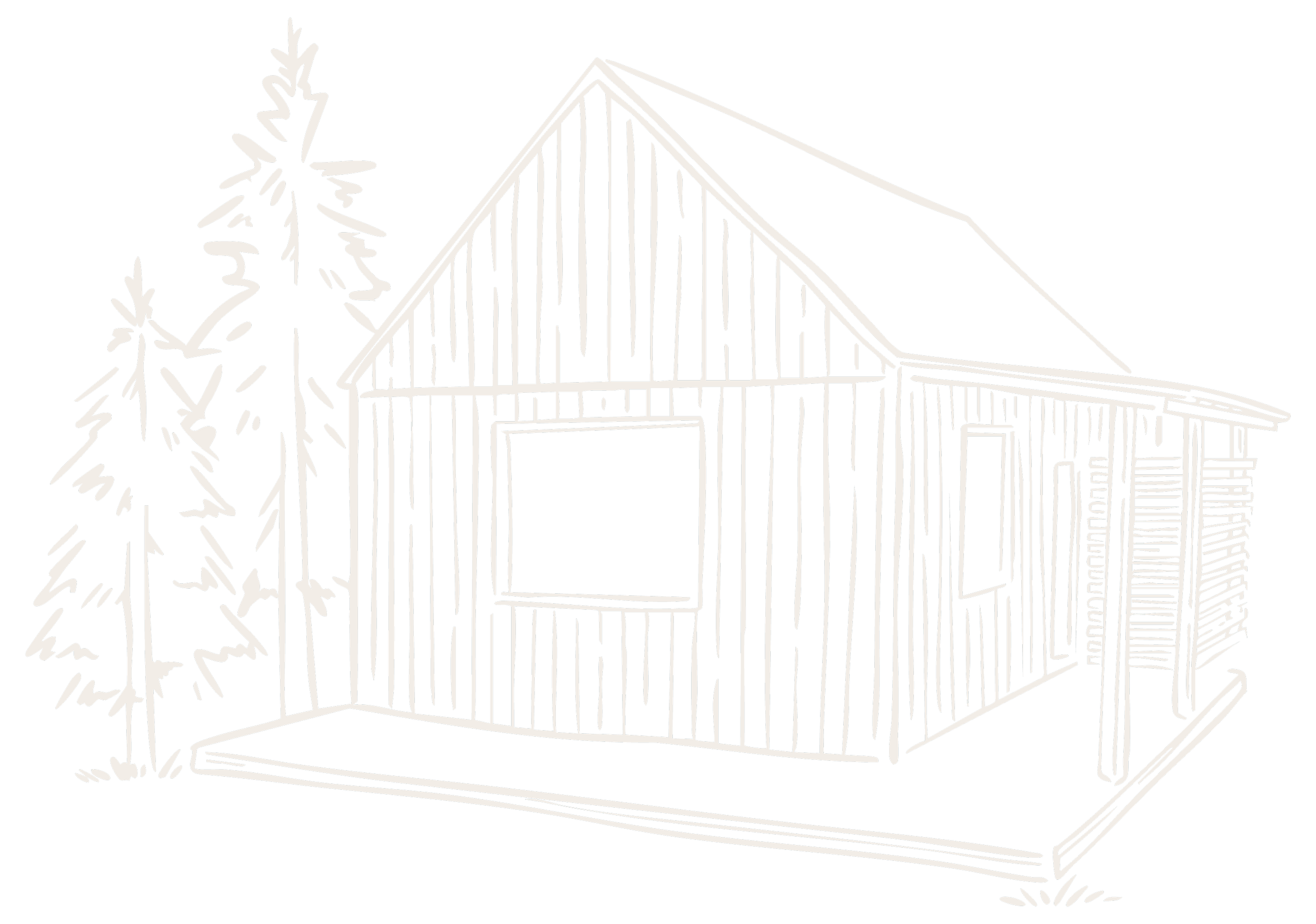 Black-and-white line drawing of a plum prefab HONEY, a one-bedroom cabin with a gabled roof and an open door, accompanied by tall trees on the left side.