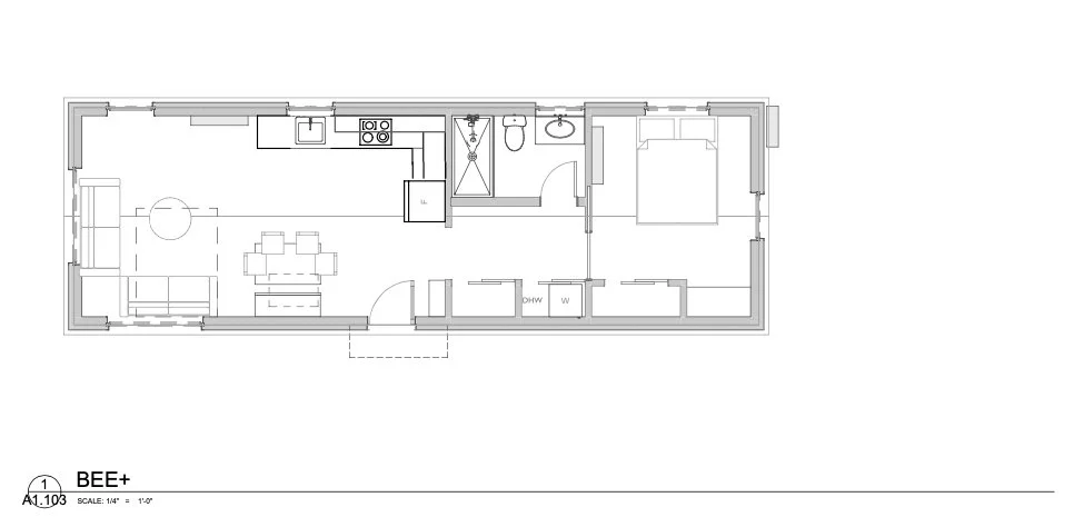 Floor plan of a plum prefab BEE PLUS, a small elegant living space with a living room, kitchen, bathroom, and bedroom.