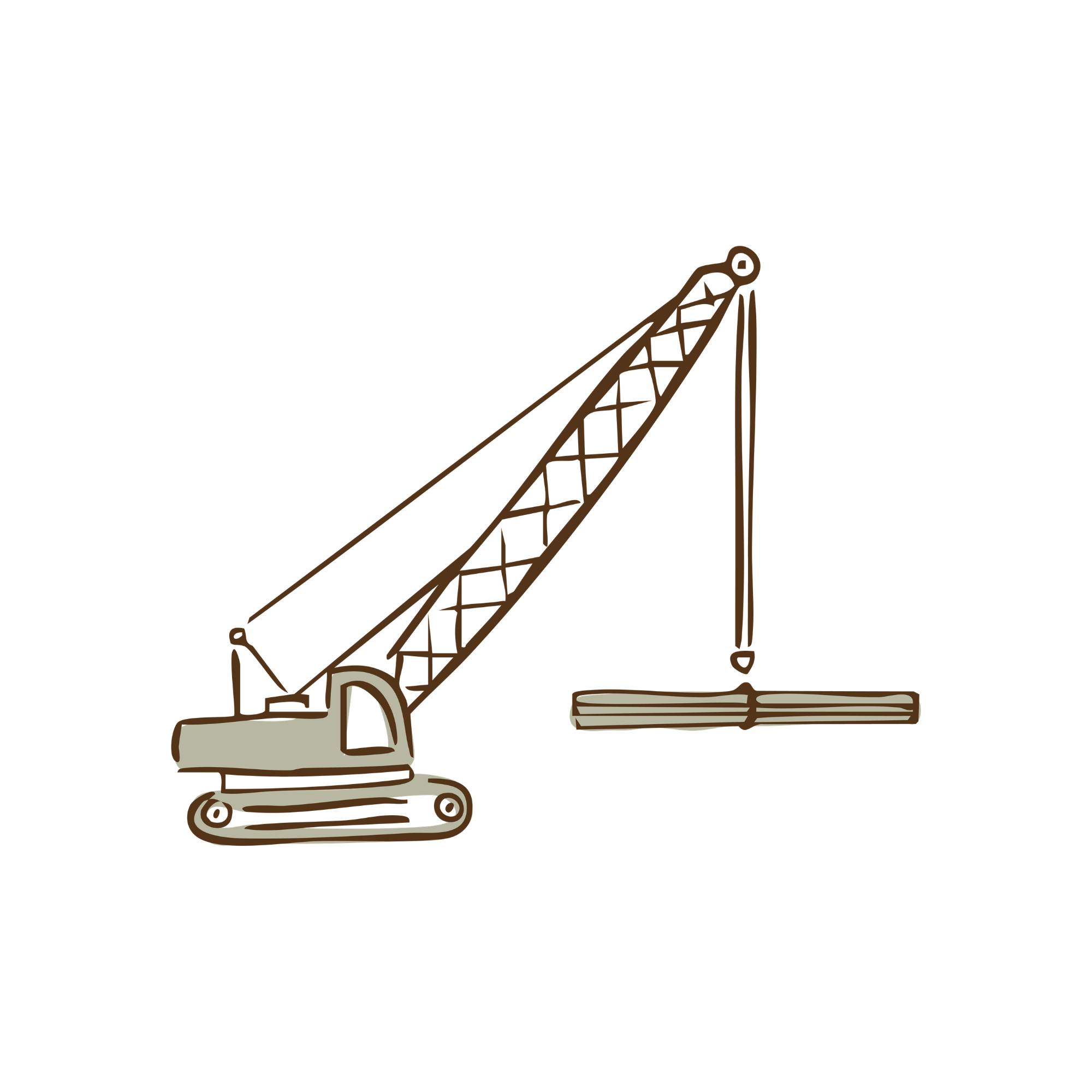 A line drawing of a crane moving timber.