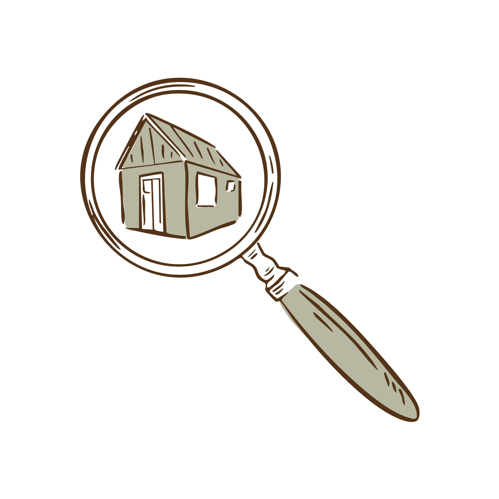 Illustration of a magnifying glass focusing on a small, simple house with a triangular roof, a door, and a window.