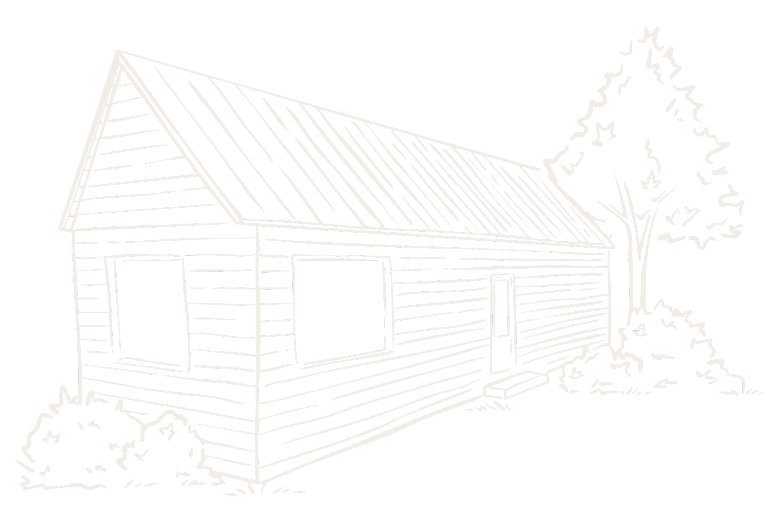 Line drawing of a modern cabin with a sloped roof, a large window, a door, and a tree with leafy branches on the right side, all on a black background.
