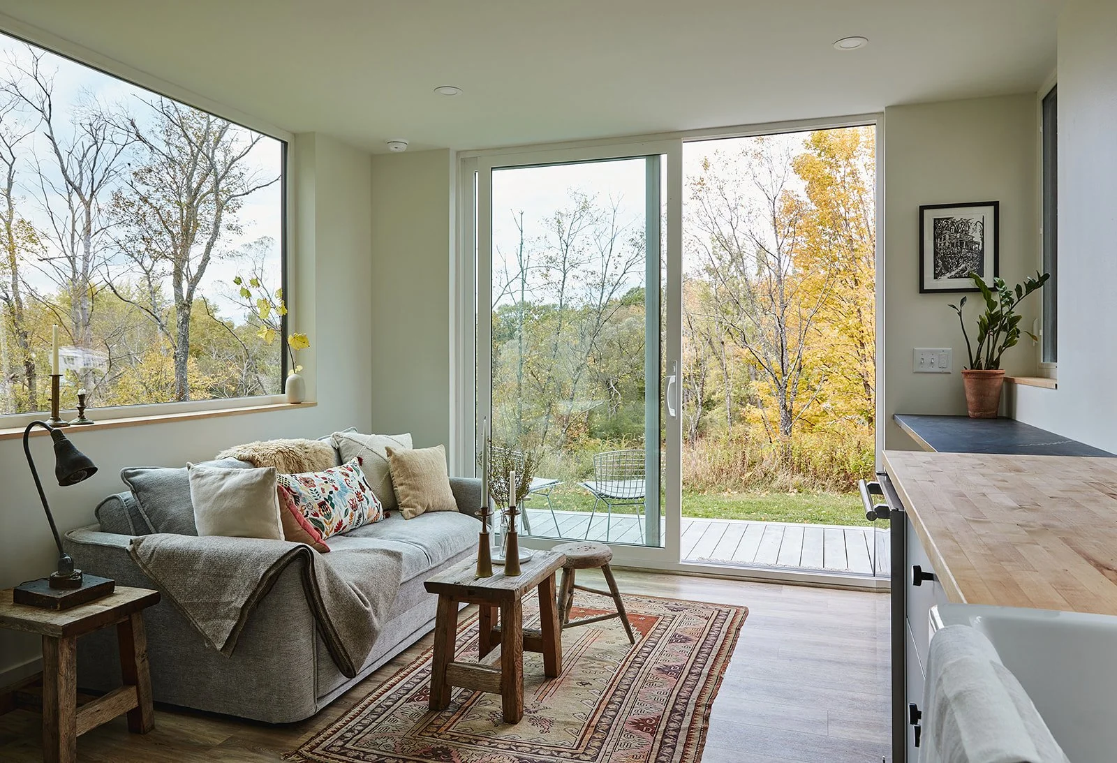 Living room with large windows and outdoor view of fall trees, a gray sofa with colorful pillows, a wooden coffee table, and a kitchen counter with a potted plant.