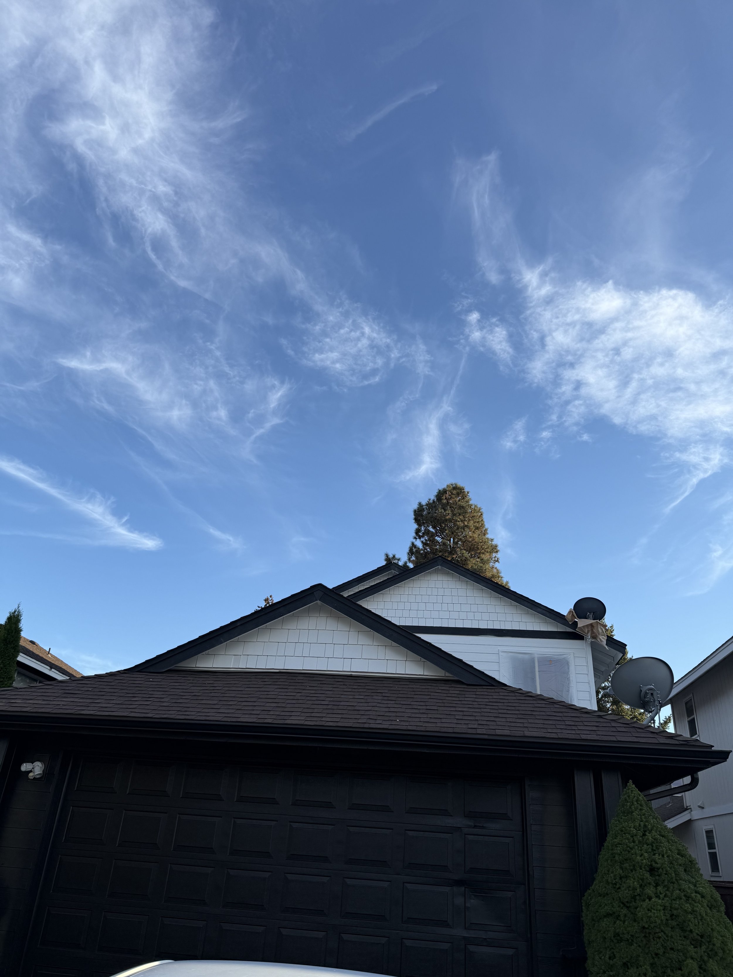 A house with a dark garage door, white siding, and a shingled roof, with bushes and trees nearby. The sky above is mostly clear with some wispy clouds.