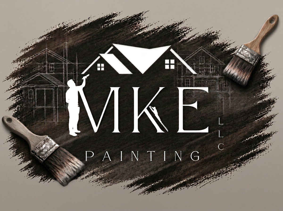 Graphic design of a house and construction tools with the text 'Mike LLC Painting' depicted on a painted background, with two paintbrushes on either side.