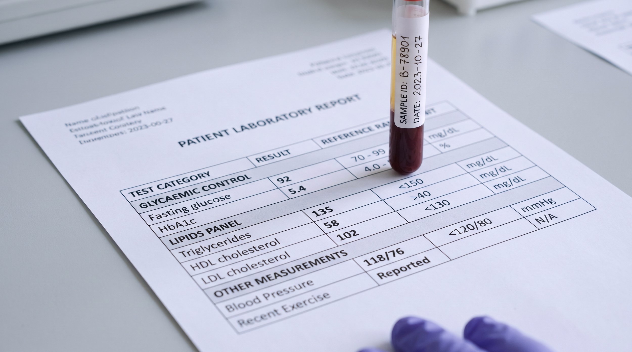 A medical laboratory report with blood sample test results on a table, with a blood sample in a test tube placed on the report.