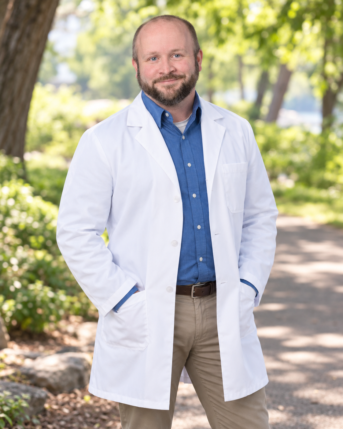 A male doctor standing outdoors in a park with trees and greenery in the background, wearing a white coat and blue shirt, smiling with hands in pockets.