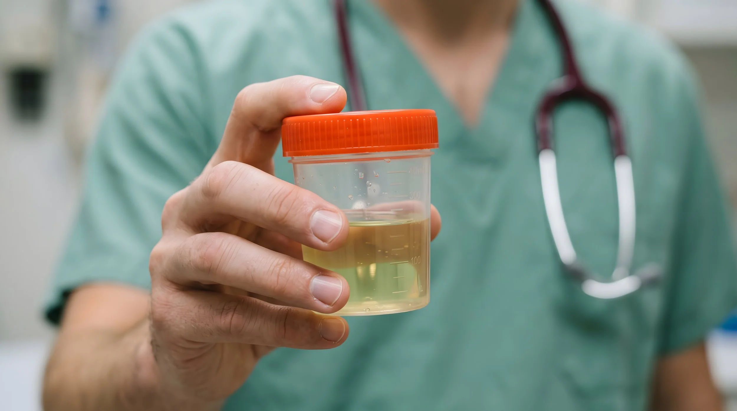 A healthcare professional in scrubs holding a urine sample container with yellow liquid, in a clinical setting.