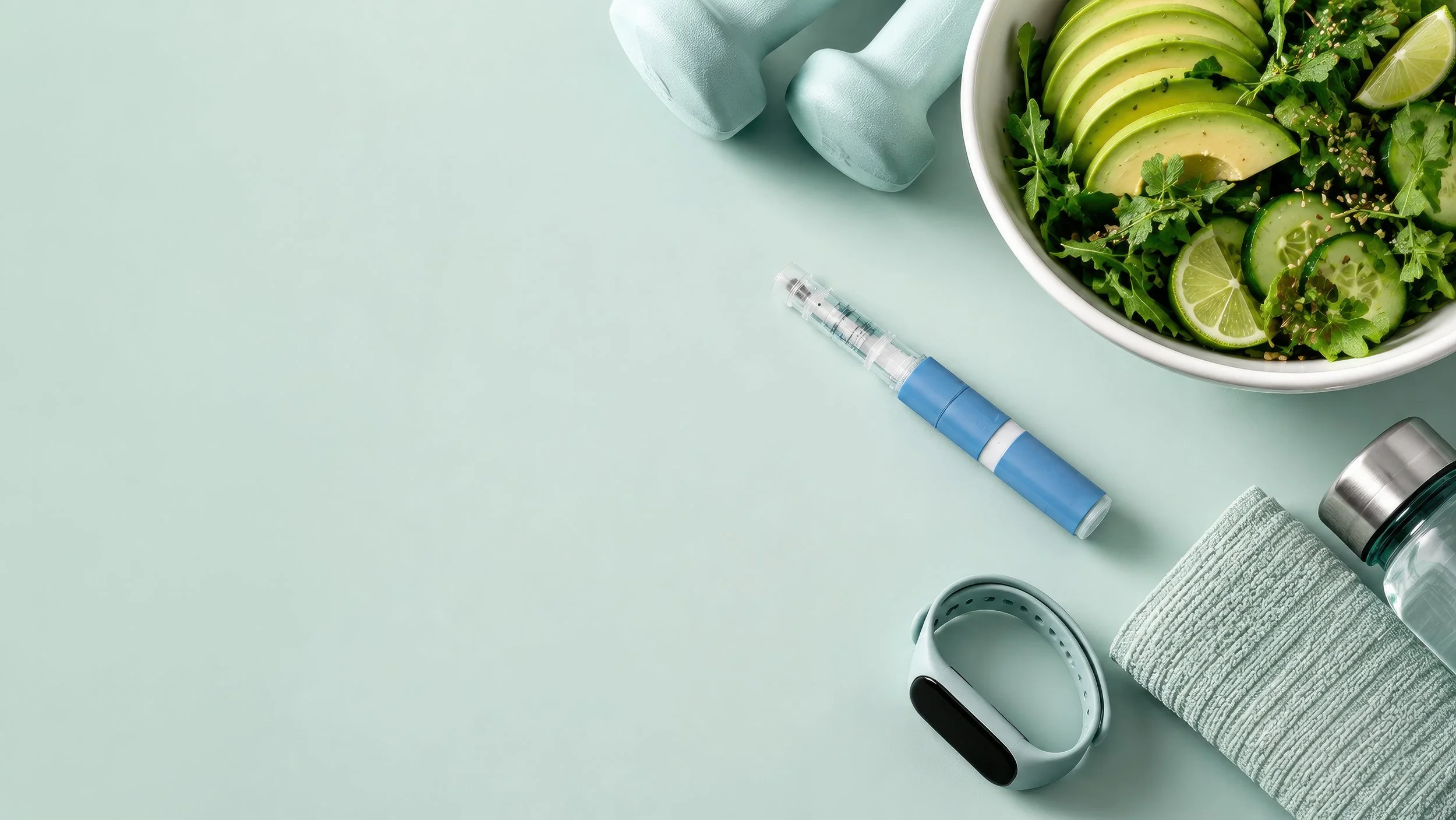 A salad bowl with avocado, cucumber, lime, and greens, alongside a water bottle, a rolled towel, and a fitness tracker on a light mint green background.