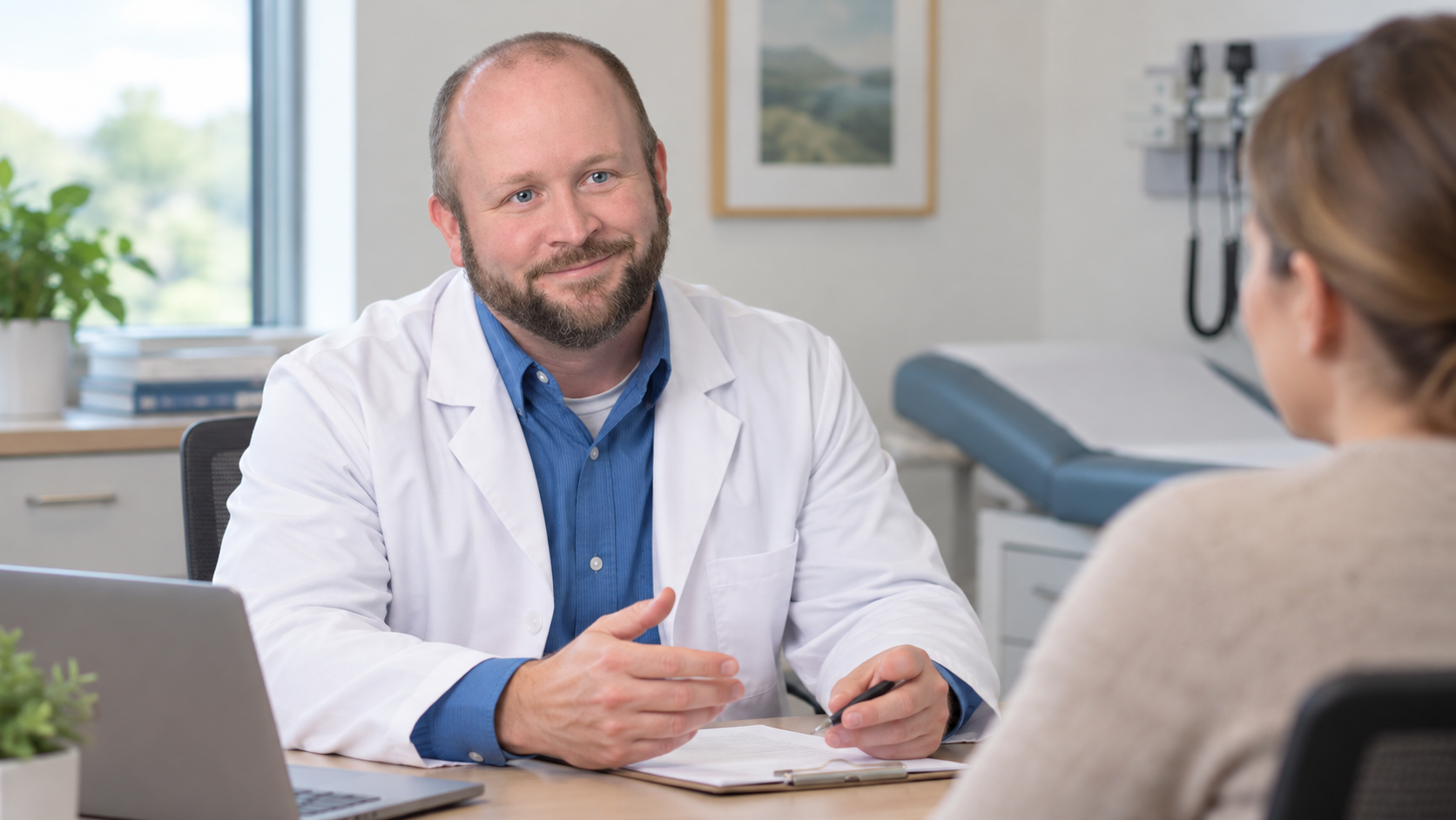 A male doctor in a white coat sitting at a desk, smiling and talking to a female patient in a medical office.