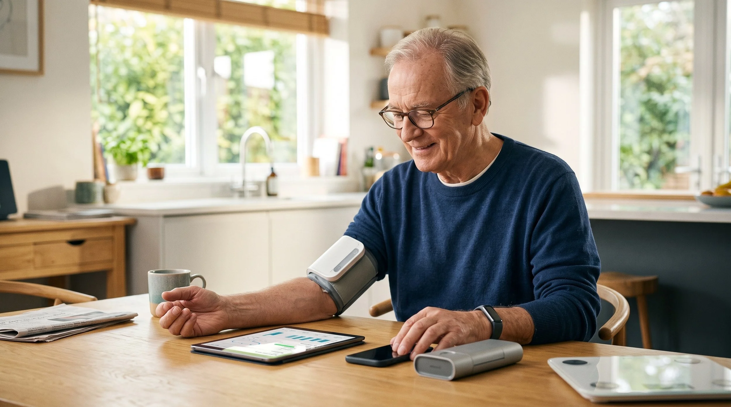 An elderly man wearing glasses and a navy blue sweater sitting at a wooden kitchen table, using a blood pressure monitor on his arm, smiling, with a tablet and coffee mug in front of him, in a bright kitchen with large windows and a green outdoor view.