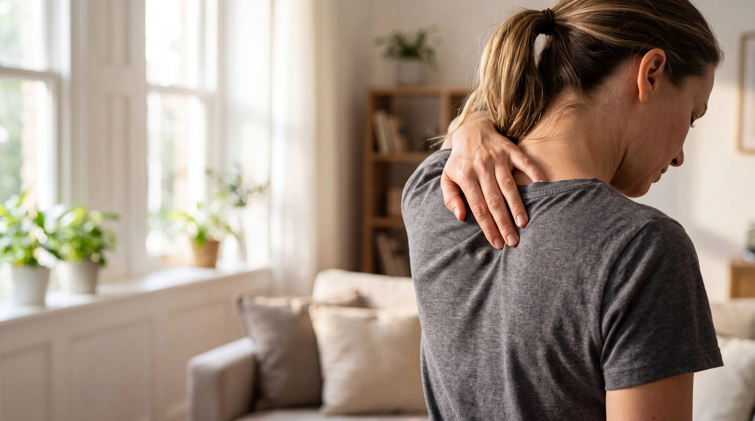Woman holding her neck in pain at home with bookshelves and plants in the background.
