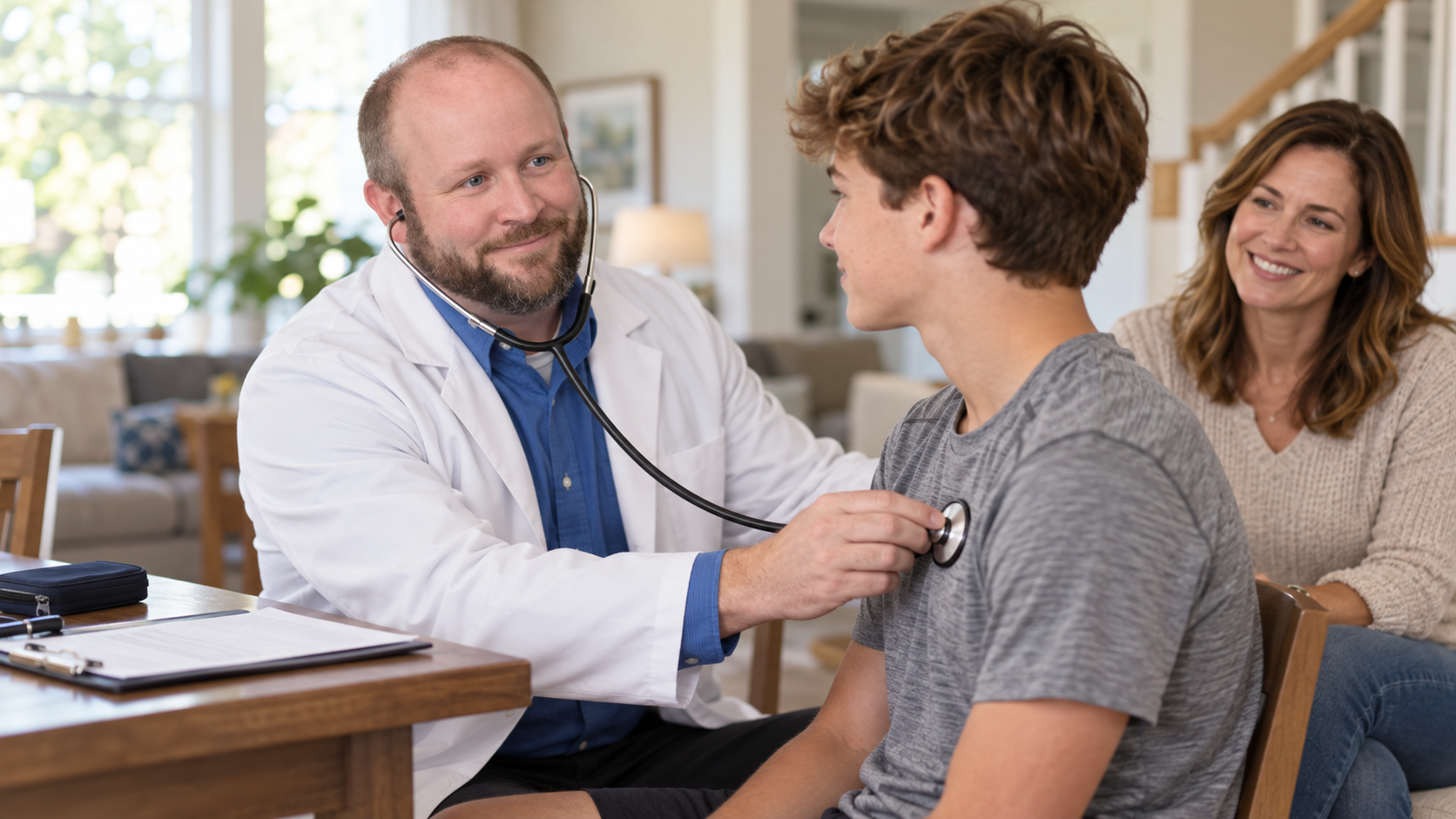 Doctor using a stethoscope to examine a teenage boy in a bright living room, with a woman smiling in the background.