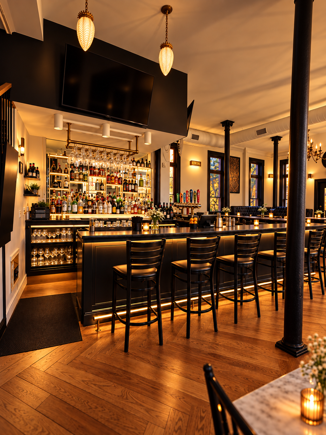 Interior of a stylish bar with a black counter, high chairs, wine bottles, glasses, and warm lighting.