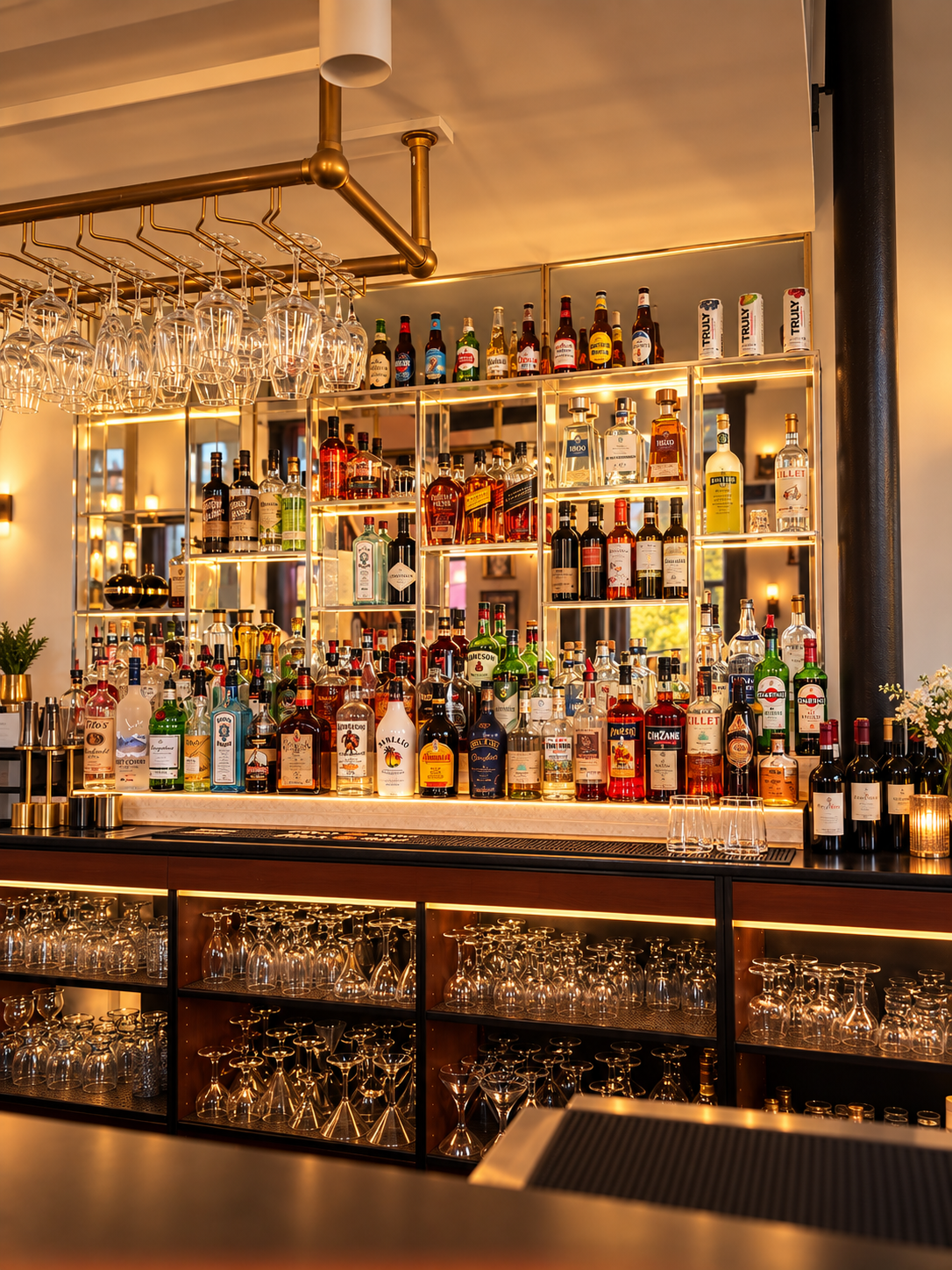 A well-lit bar with a variety of liquor bottles on back shelves, wine glasses hanging upside down from a rack, and additional glasses stored under the counter.