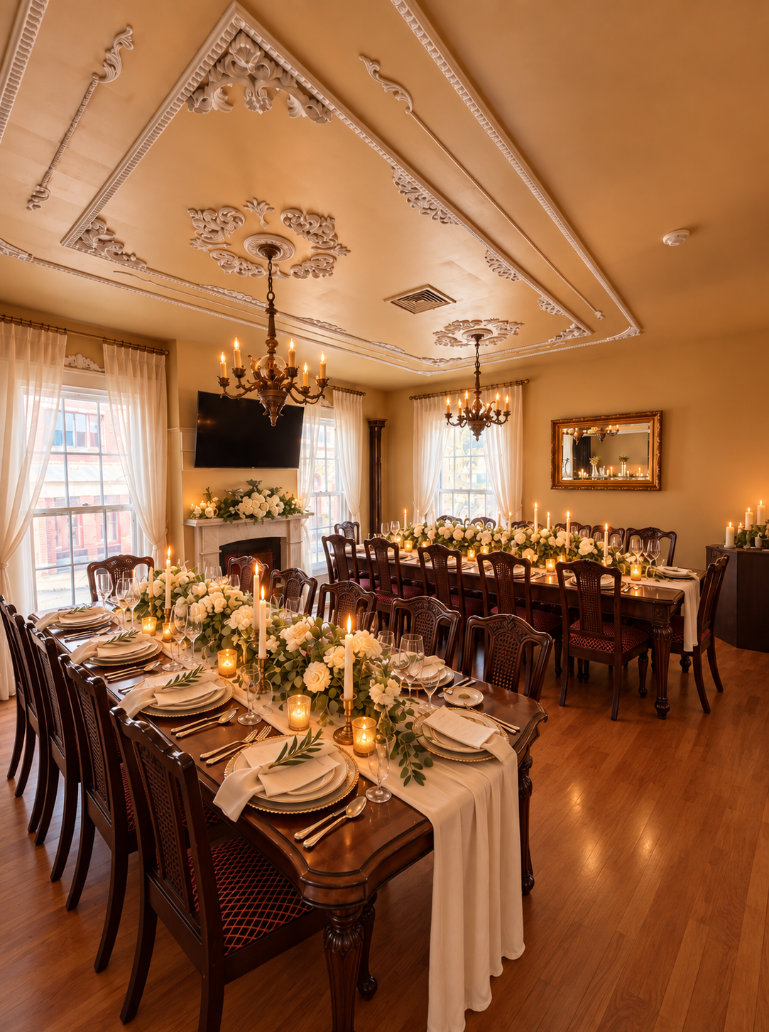 Elegant dining room decorated for a formal event with long wooden tables set with white linens, floral centerpieces, candles, and fine china. Chandeliers hang from the ornate ceiling, and large windows with sheer curtains let in natural light.