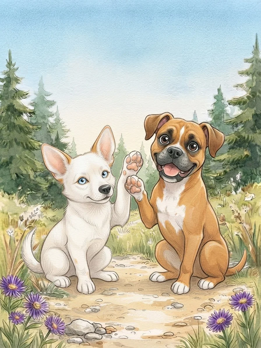 A watercolor-style illustration of a white puppy with blue eyes and a brown puppy with big eyes giving each other a high five on a dirt path surrounded by flowers and pine trees.