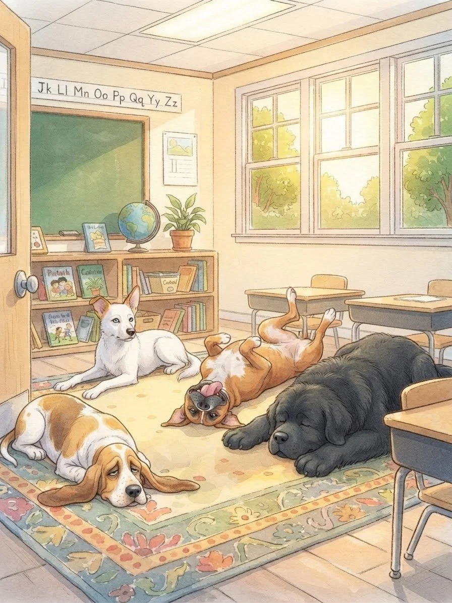 Five dogs resting in a classroom with books, a blackboard, a globe, and large windows showing trees outside.