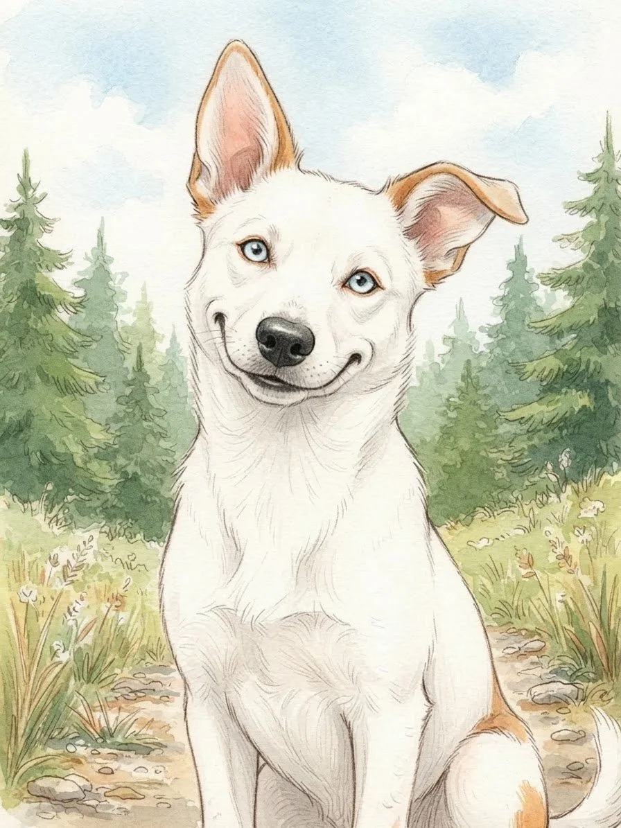 A watercolor illustration of a white and tan dog with light blue eyes, sitting outdoors on a trail surrounded by green trees and grass.
