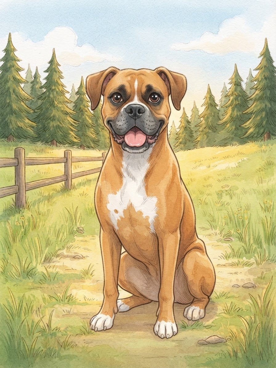 A cheerful brown and white dog sitting on a dirt path in a lush green field with pine trees in the background under a partly cloudy sky.