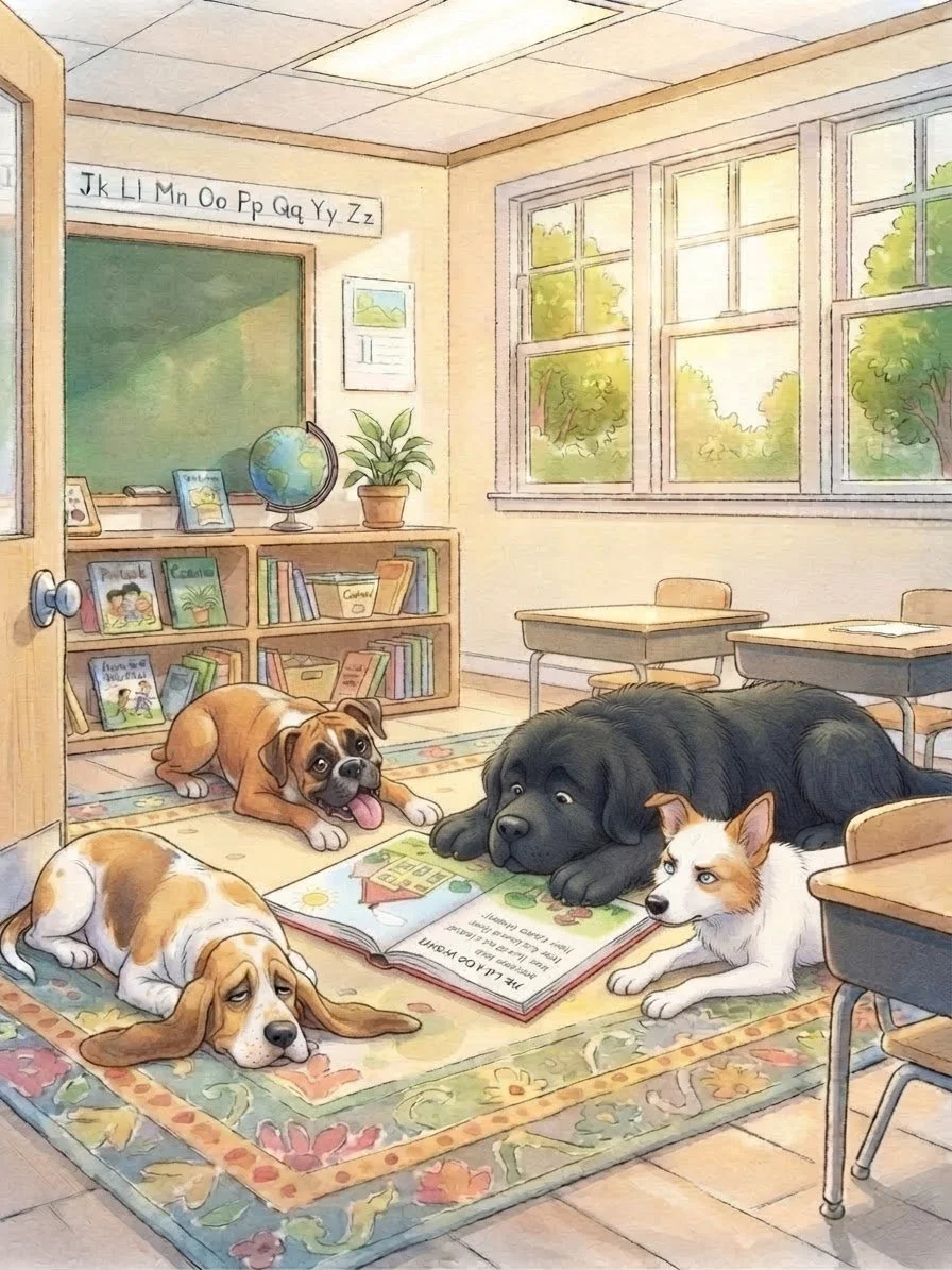 A classroom scene with three tired dogs and one alert cat lying on a carpet in front of a large open book. The classroom has a bookshelf, globe, potted plant, and windows showing trees outside.