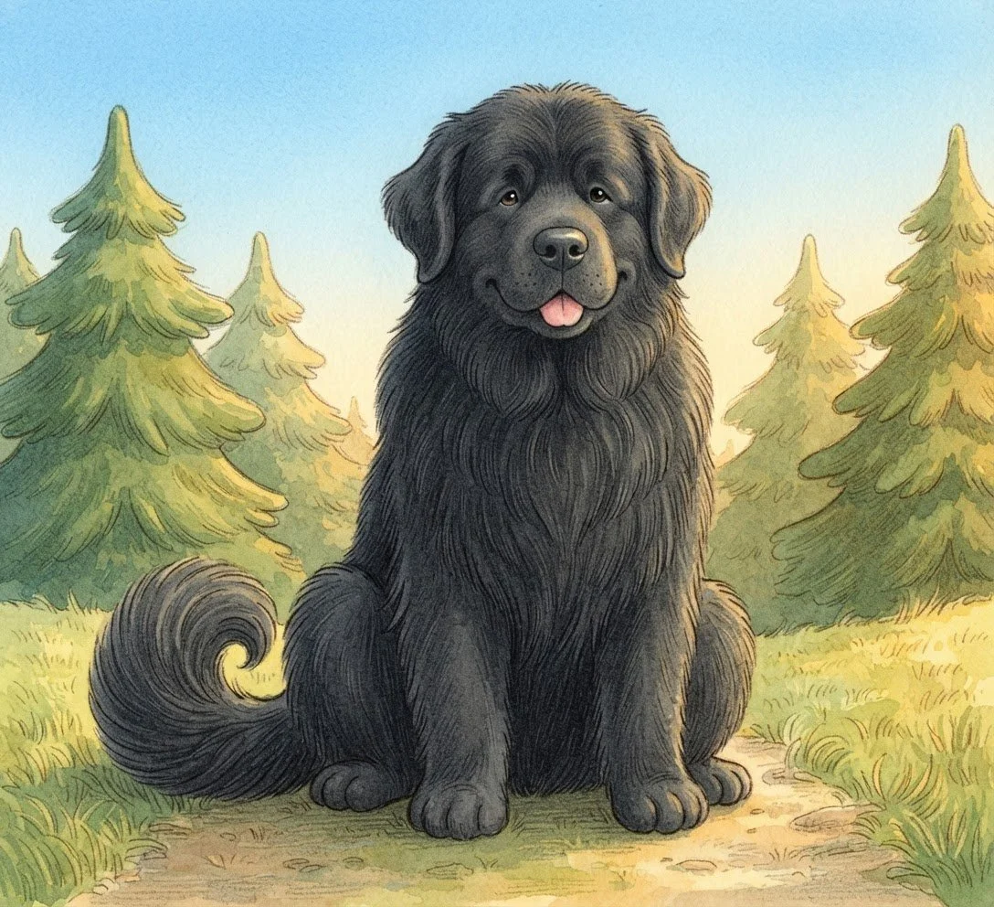 Illustration of a black dog with a fluffy tail, sitting on a dirt path surrounded by green pine trees, under a blue sky.