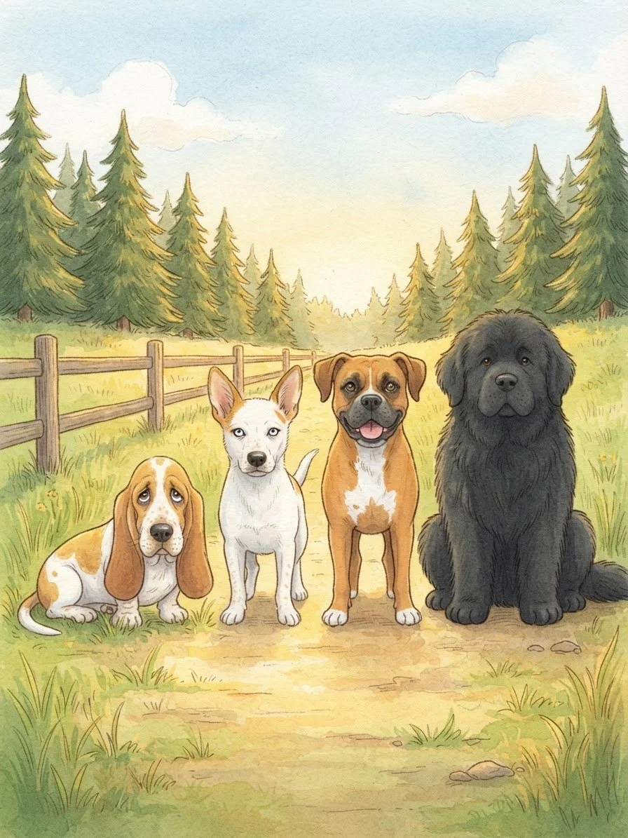 Four dogs sitting on a dirt path in a grassy field with a wooden fence and pine trees in the background, under a partly cloudy sky.