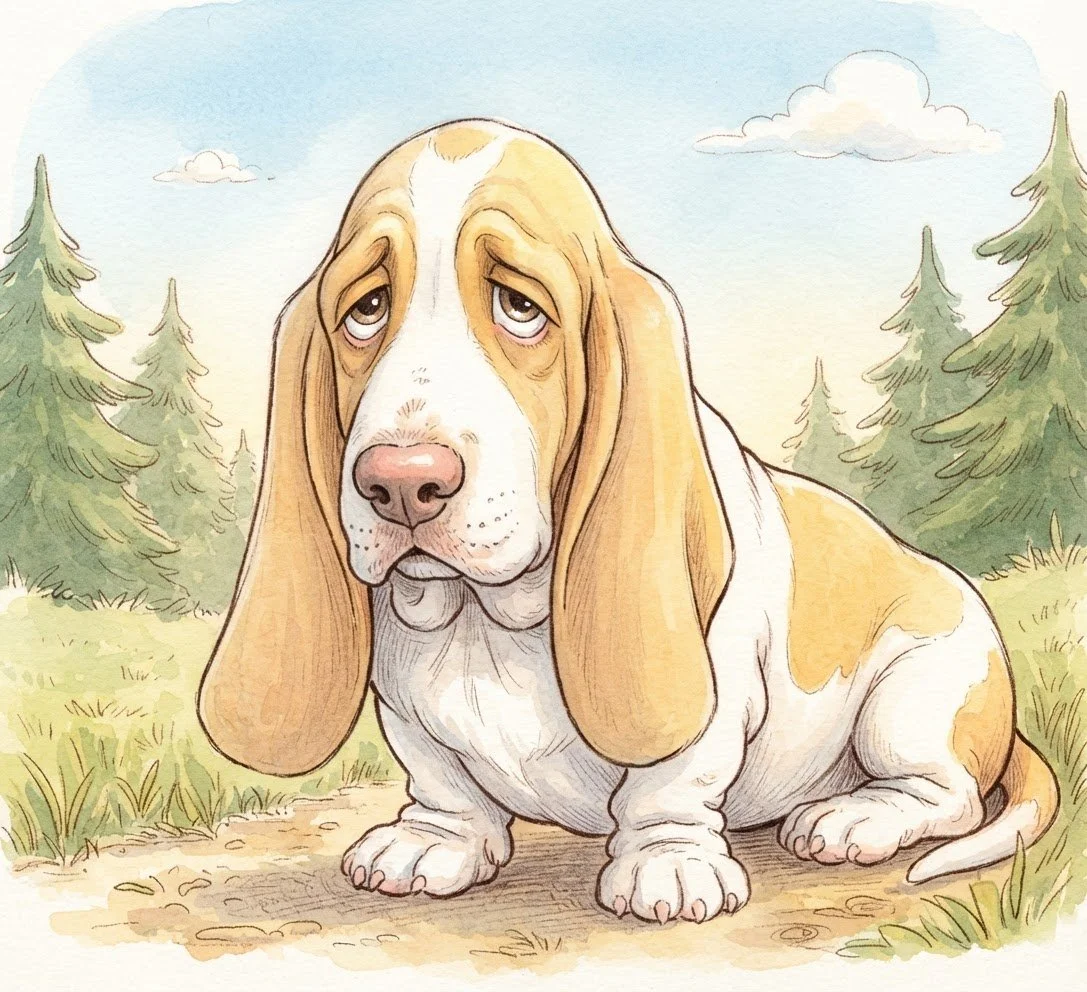 A cartoon illustration of a sad-looking basset hound dog sitting outdoors on a dirt path with grass and pine trees, under a partly cloudy sky.
