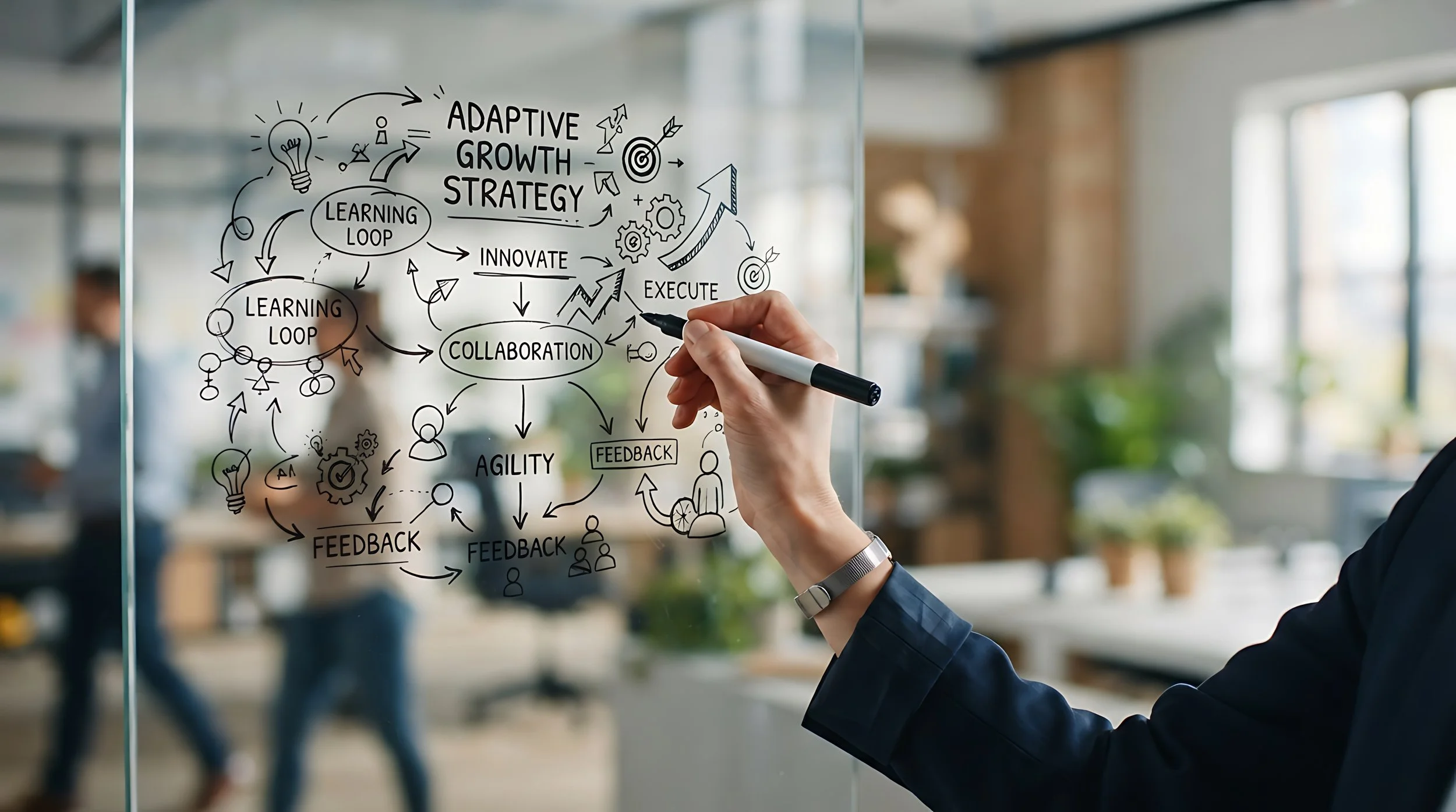 A person writing a diagram about adaptive growth strategy on a glass board in a bright office, with blurred people in the background.