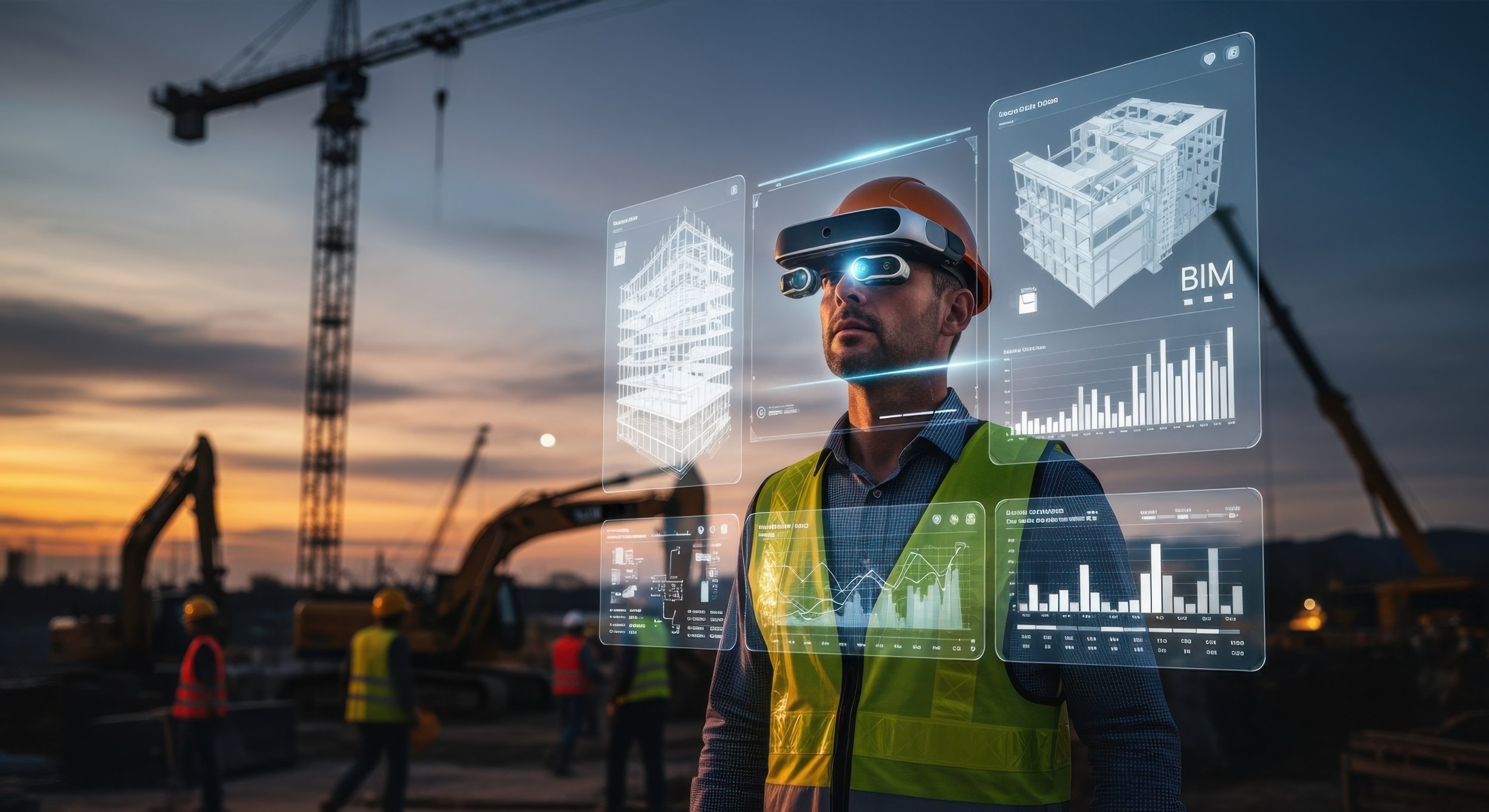 A construction site during sunset with a man wearing a yellow safety vest and a hard hat, using augmented reality glasses to view 3D building designs and charts overlaying the scene.