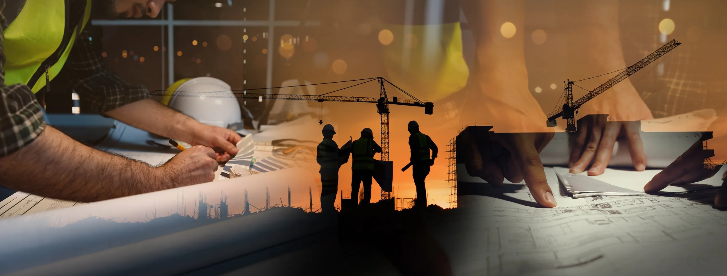 A double exposure image showing construction site plans with engineers and architects working, alongside silhouettes of construction workers, cranes, and a sunset sky.