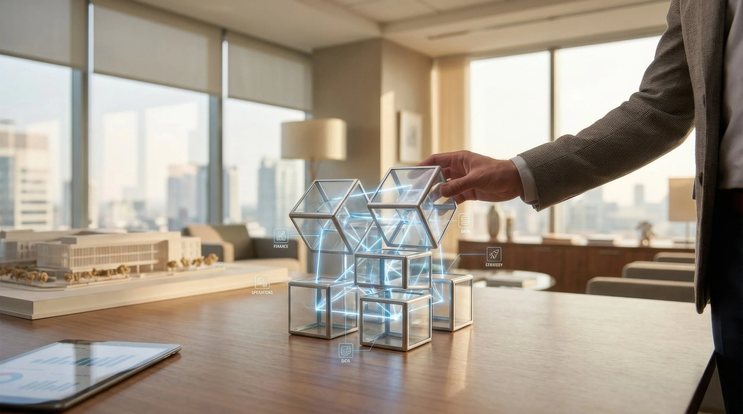 Person in business attire interacting with a holographic 3D model of interconnected cubes on a wooden desk in a modern office with large windows.