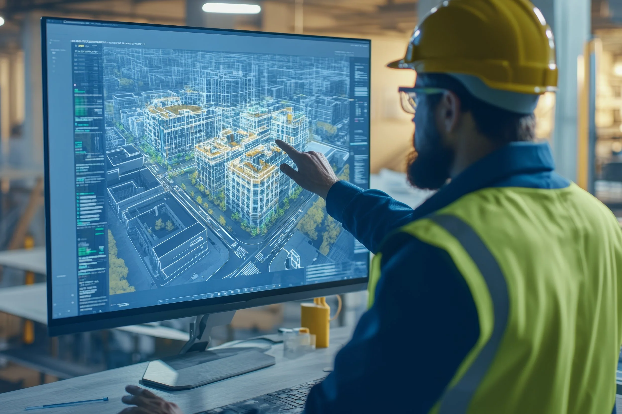 BIM/VDC professional reviewing a 3D building model on a computer monitor.