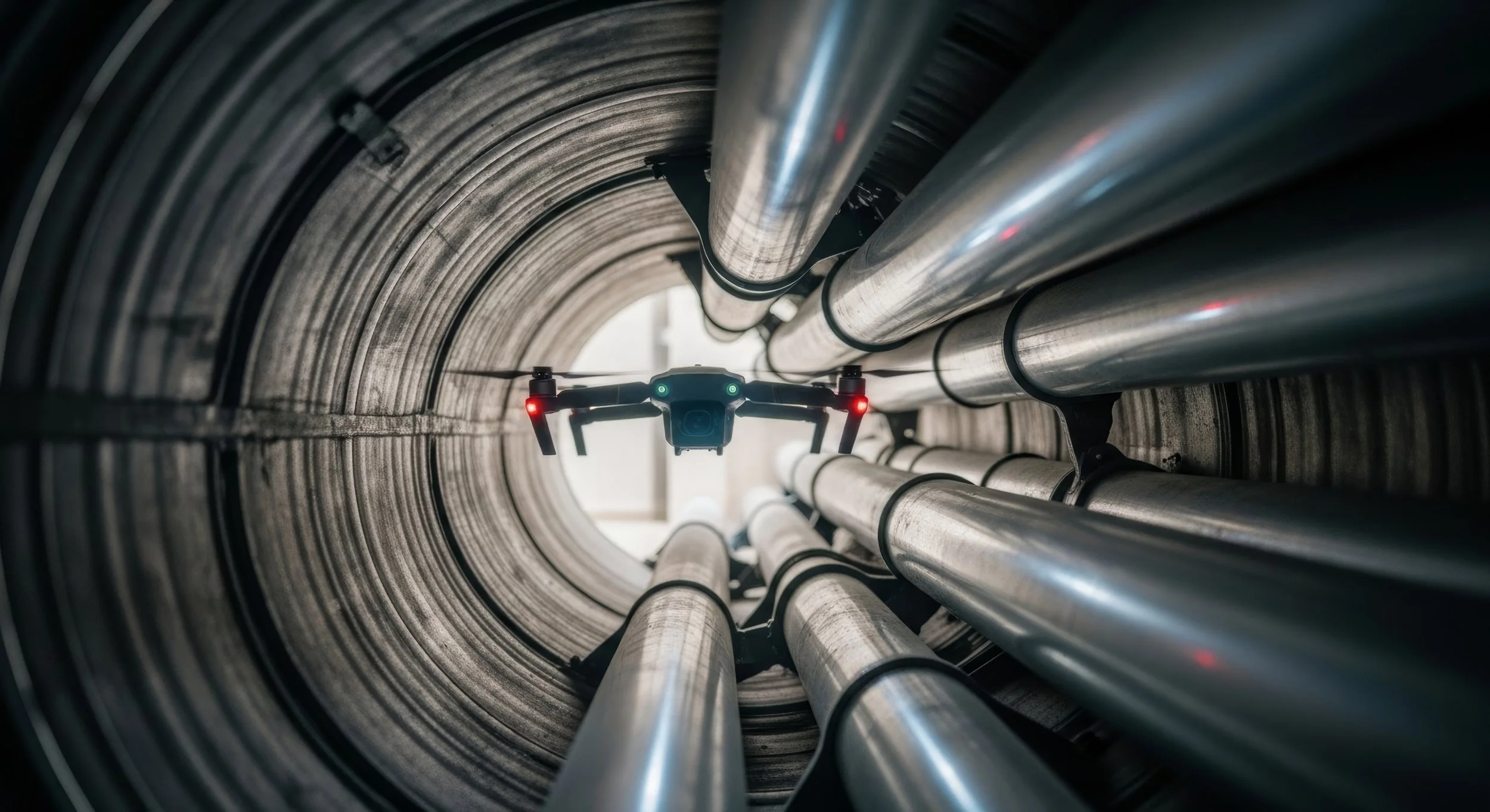 Indoor drone inspecting a large industrial pipe or tunnel with multiple utility lines.
