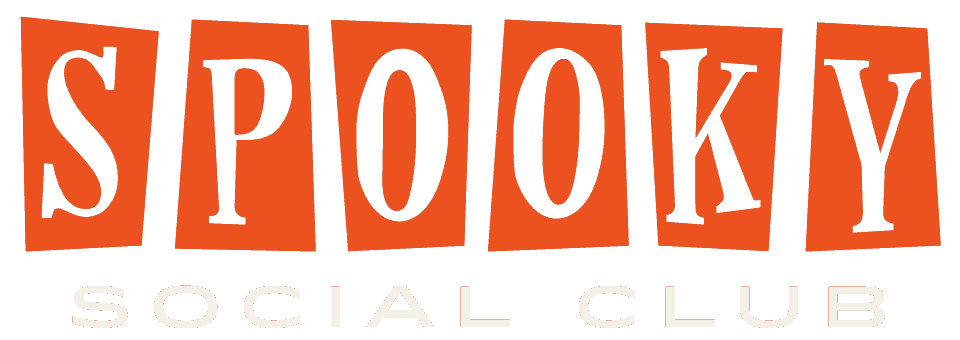 Colorful sign for Spooky Social Club with each letter on individual orange background panels.
