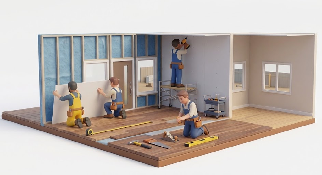 Miniature construction workers installing wall panels inside a house model.