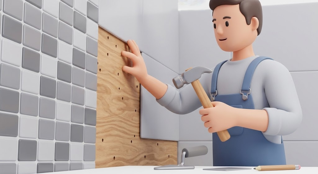 Cartoon man in blue overalls holding a hammer and measuring a wall with his hand, standing in a bathroom with tiled walls and a sink.