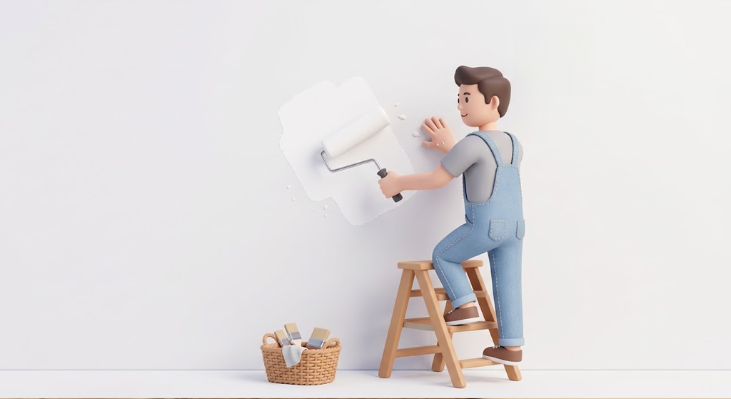Illustration of a man in overalls painting a white wall with a roller brush, standing on a small wooden ladder, with a basket of painting supplies nearby.