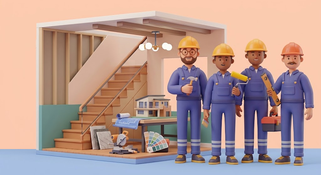 Animated characters of four construction workers with hard hats standing inside a house, holding tools, with construction plans and supplies nearby.