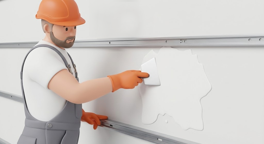 A cartoon worker wearing an orange hard hat and orange gloves peeling a white paper off a whiteboard.