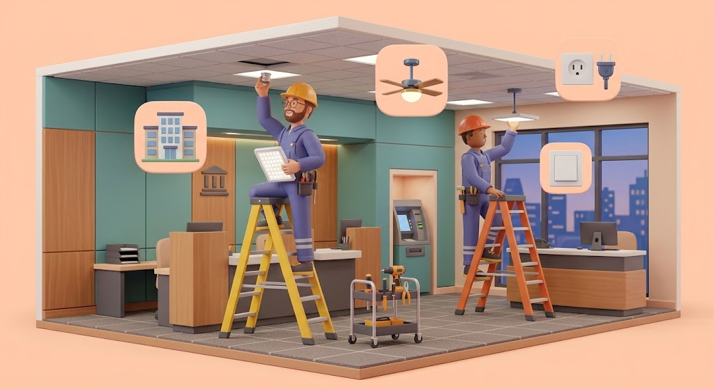 Illustration of two workers in an office building, installing ceiling fans. One worker is on a yellow ladder, holding a tablet and a small tool, while the other is on an orange ladder, working near a ceiling fan. The office has large windows, desks, computers, and an ATM machine.
