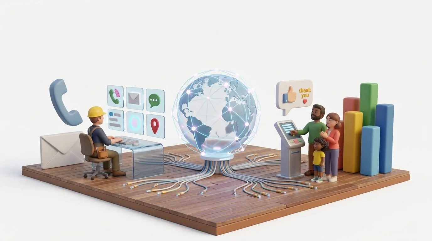 Miniature scene of people and technology with a globe connected by network lines, a construction worker at a desk with communication icons, and a family paying with a tablet beside a bar chart.