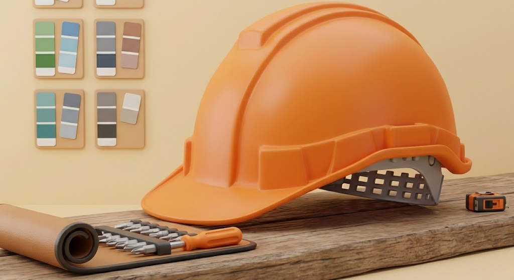 An orange construction helmet, a screwdriver, a tape measure, a utility knife, a calculator, and a paint color swatch on a wooden surface in front of a wall with color samples.
