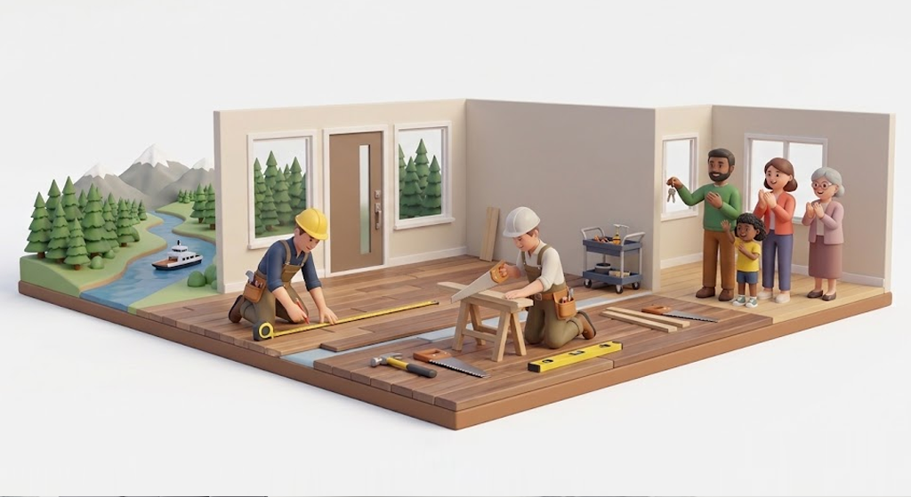 Miniature model of a house under construction with two workers installing hardwood flooring, and a family watching from a corner.