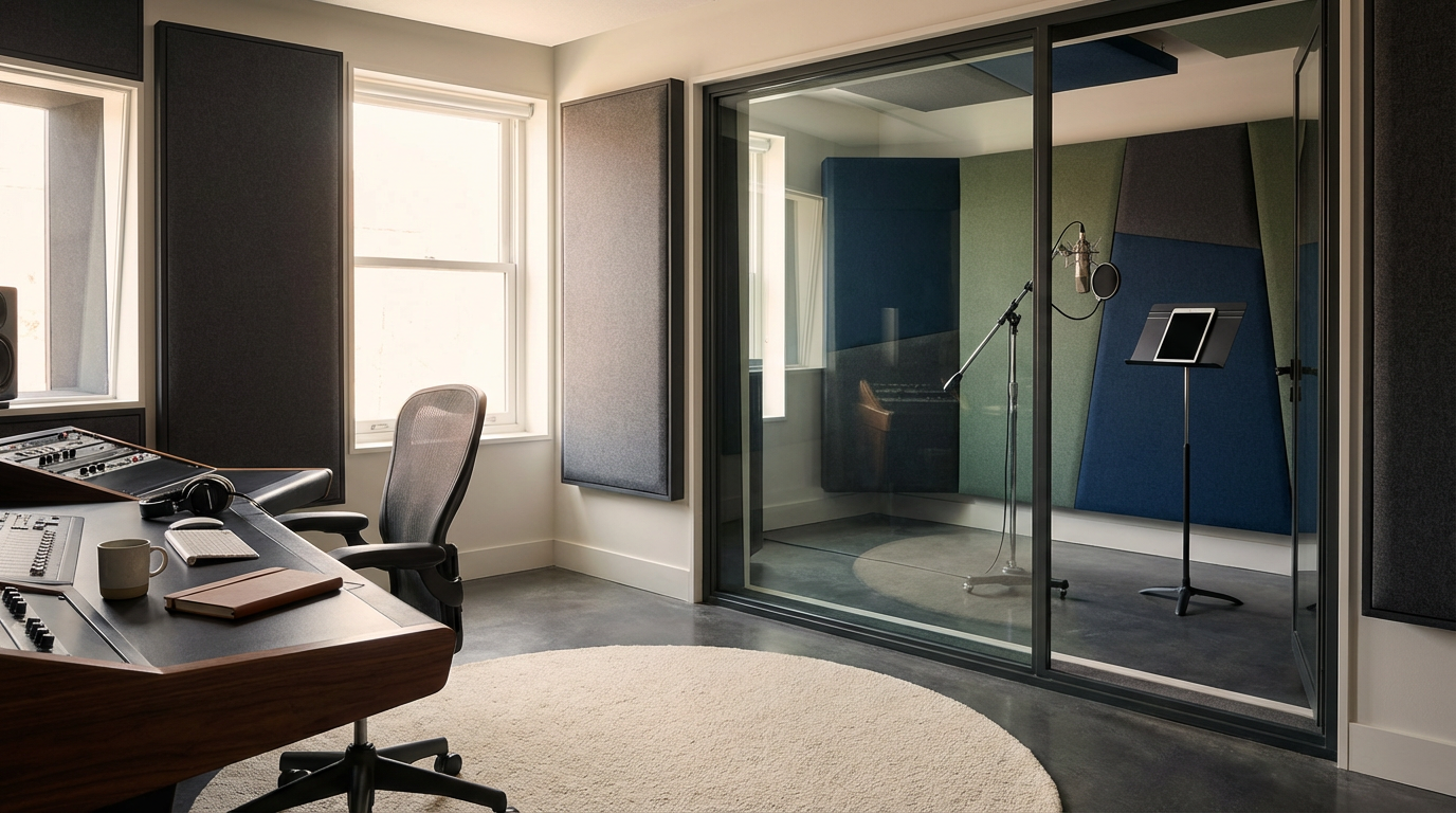Modernes Tonstudio mit Sprecherkabine, Mikrofon, Mischpult und professioneller Aufnahmetechnik für Sprachaufnahmen und Dolmetschprojekte.