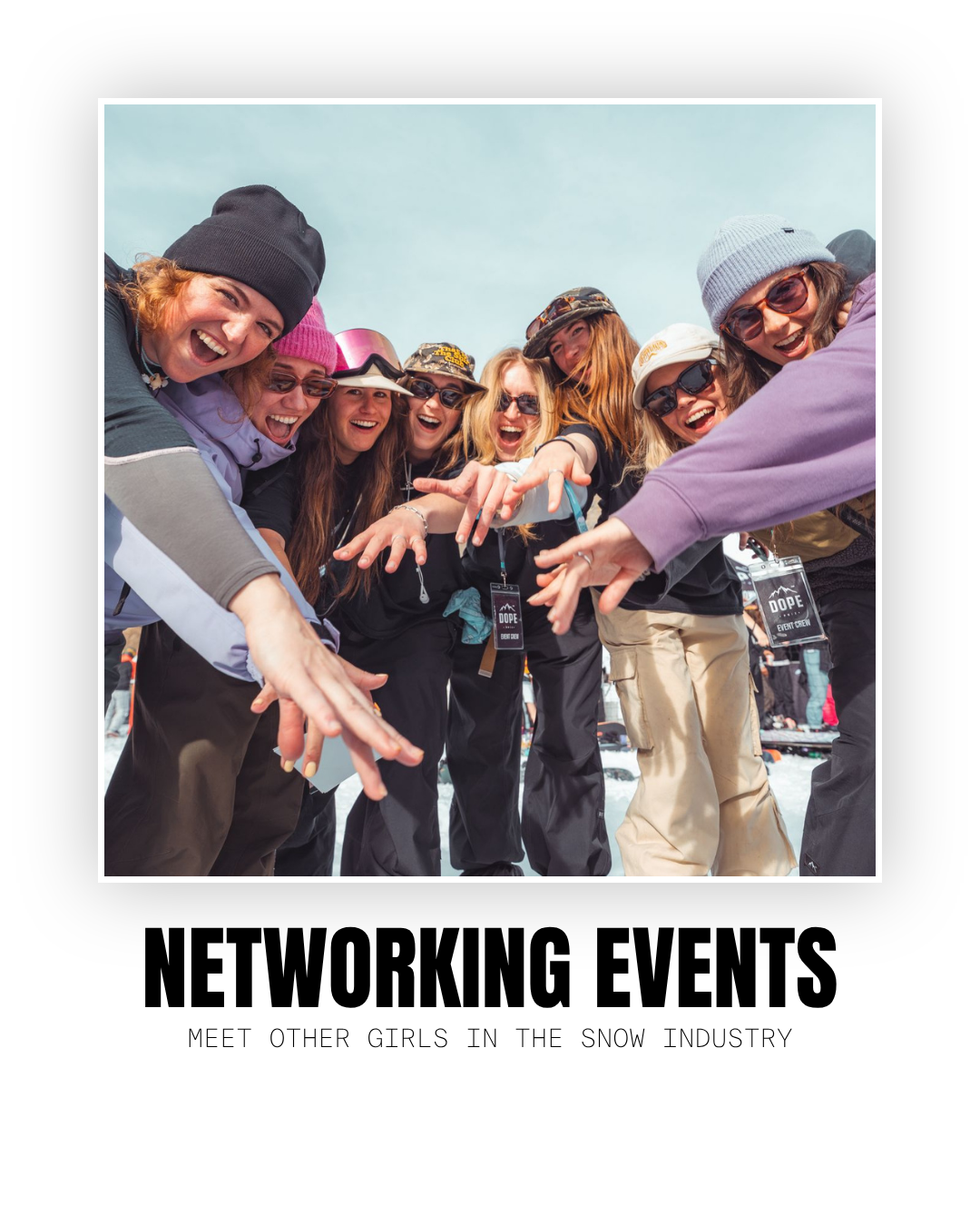 A group of smiling women dressed in winter clothing, reaching out towards the camera, outdoors in a snowy environment.