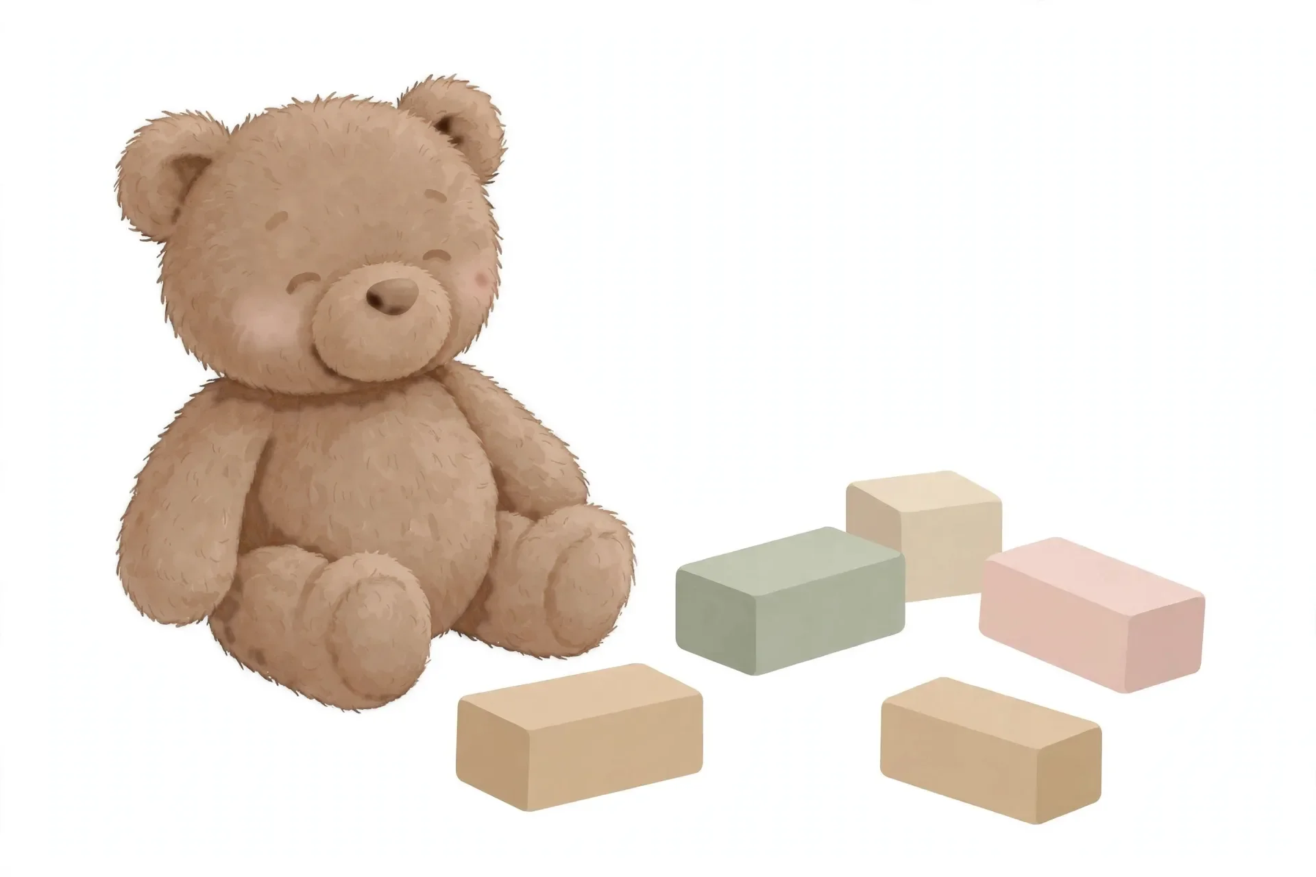 Latte-brown teddy bear with scattered blocks