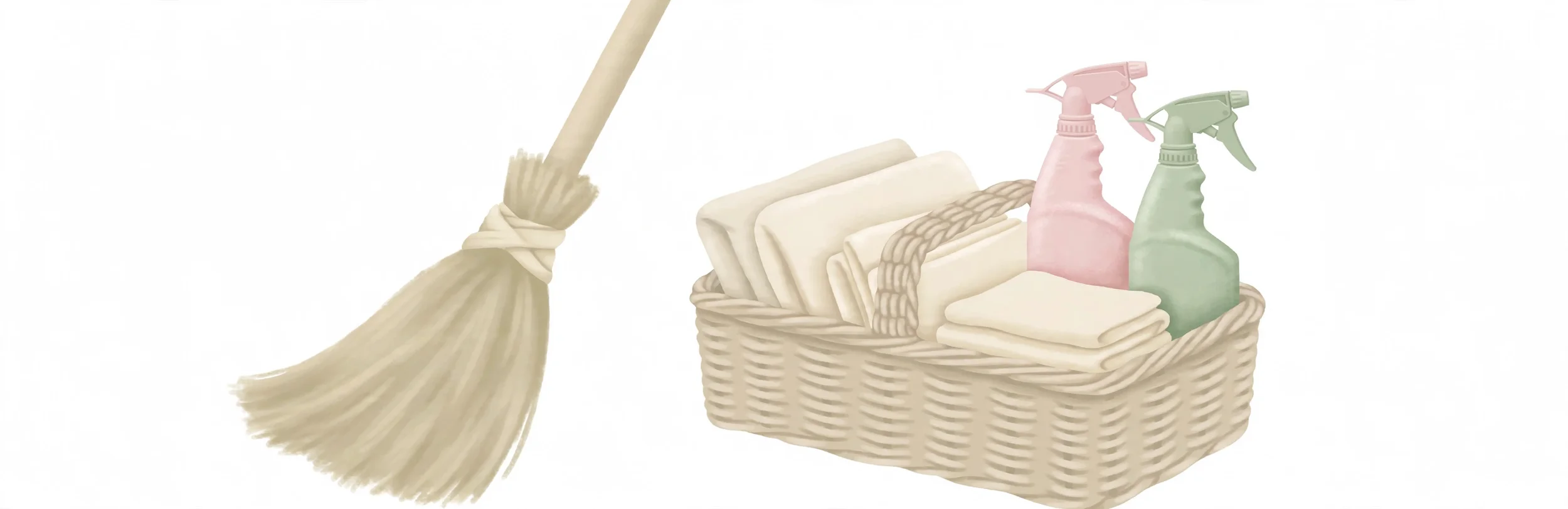 Cleaning caddy with broom and bottles