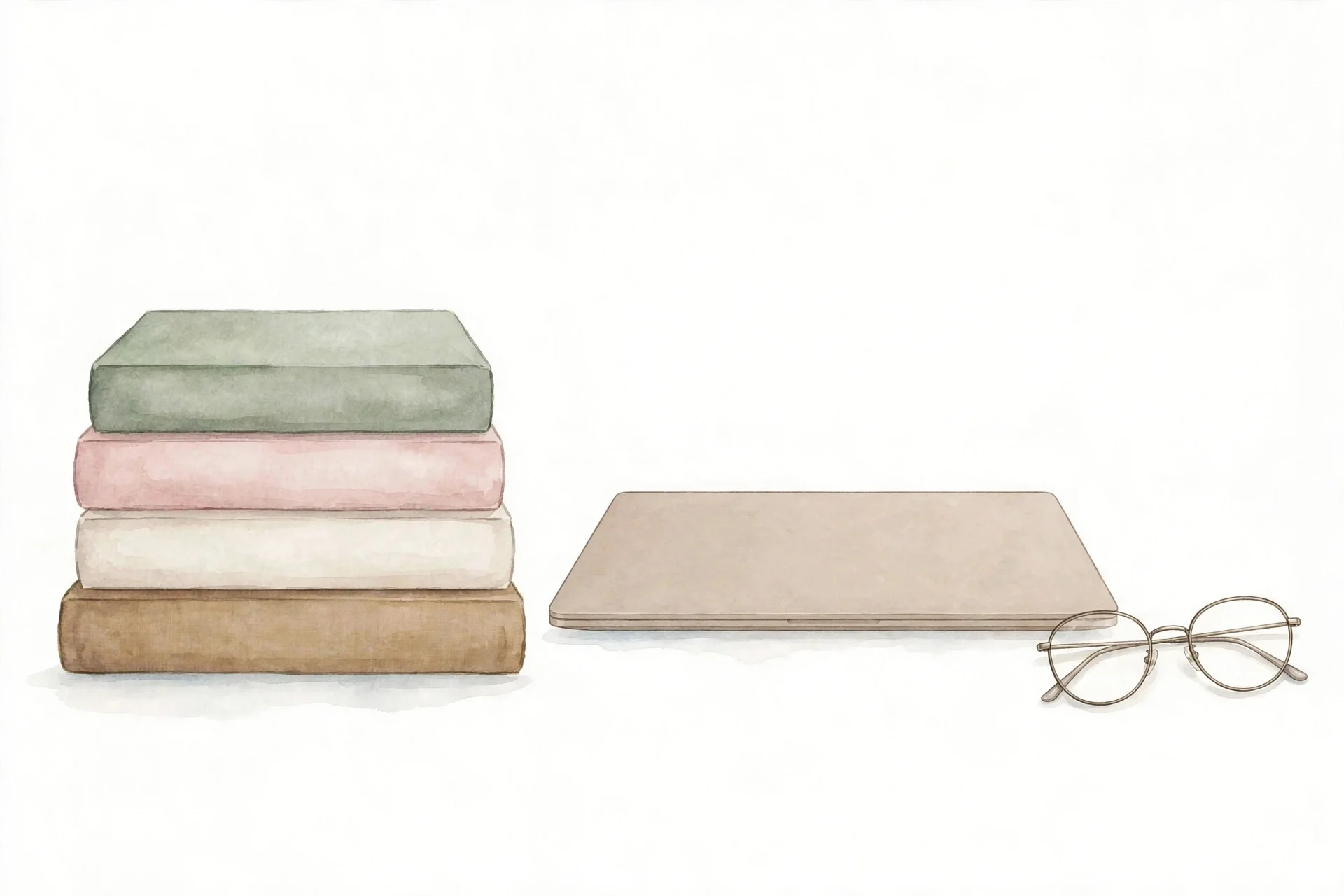 Closed beige laptop with stacked books and glasses